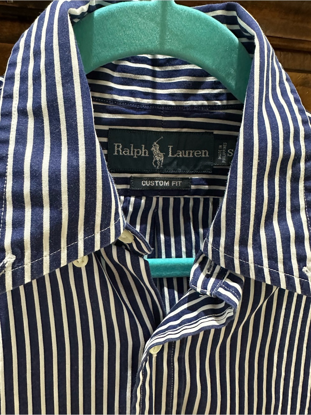 Ralph Lauren Navy and White Striped Button-Down Shirt with Yellow Pony - Picture 3 of 6